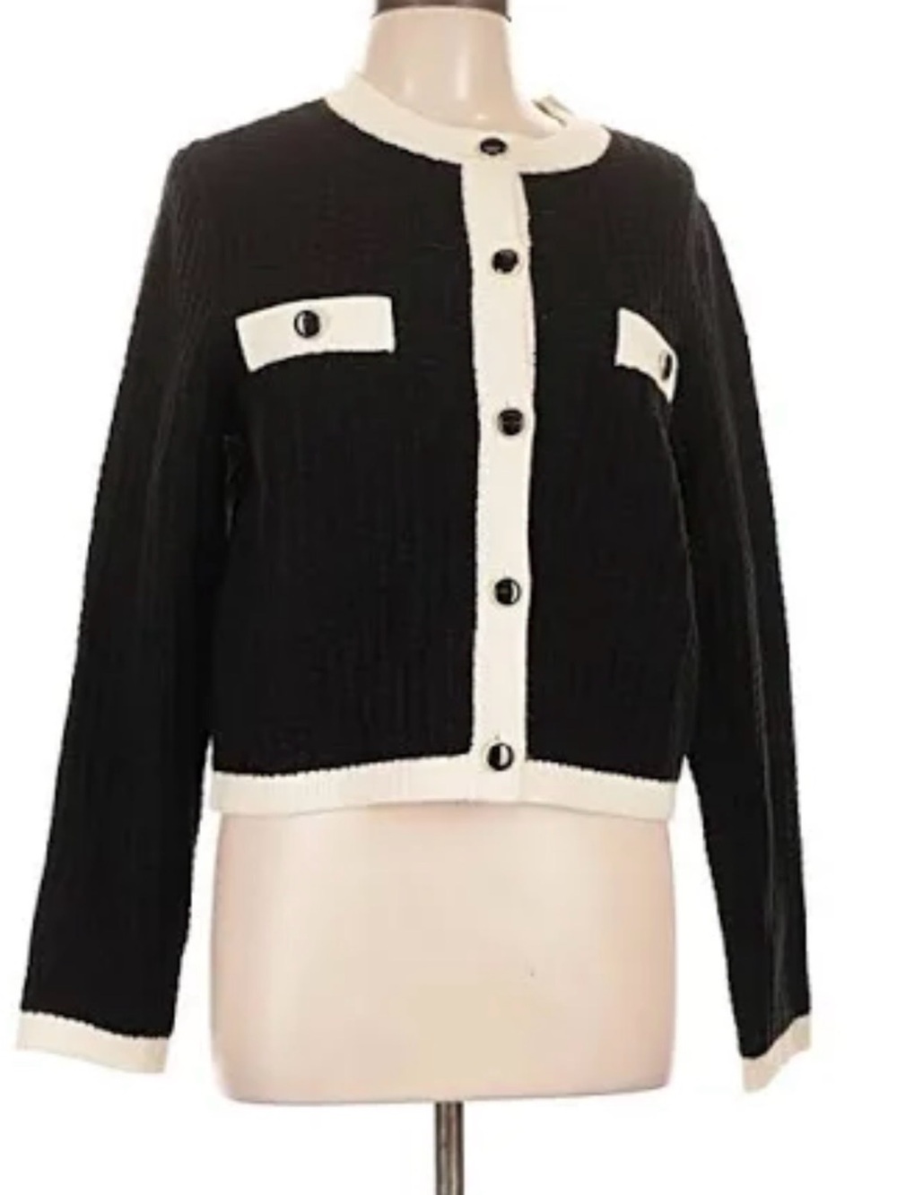 Black and Cream Textured Sweater Jacket